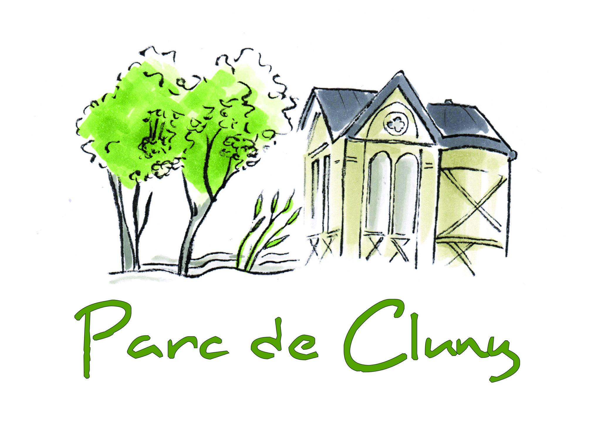 Logo officiel du parc de Cluny avec des arbres et l'oratoire se trouvant dans le parc